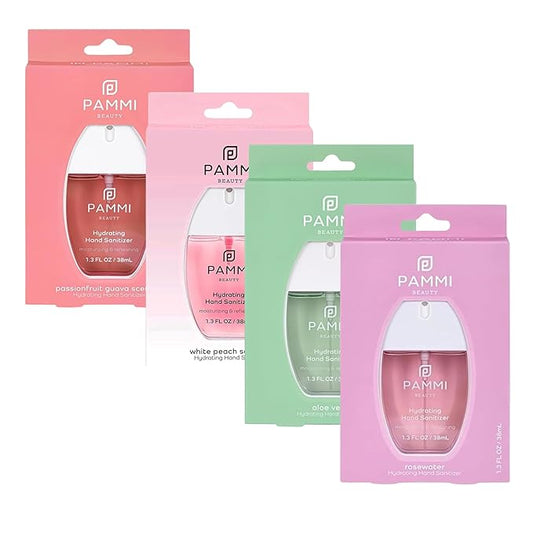 PAMMI Hand Sanitizer Spray Travel Size - Mini Scented Hand Sanitizer Spray Quicky Dry, Pocket Scented Hand Saniztier - 600-Sprays (4 Pack (Aloevera, Peach, Guava, Rose))