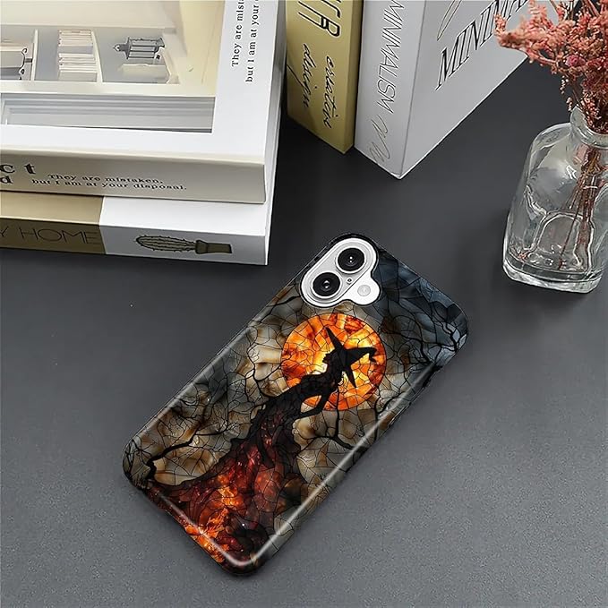 Case for iPhone 16 Plus Case,Halloween Witch Moon Stained Glass Design Hybrid Dual Protection Silicone + Hard PC Shockproof Full Body Cover Slim Anti-Scratch Protective Case for Men Women