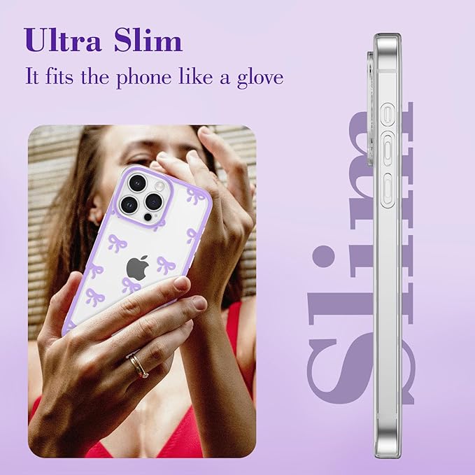 EYZUTAK Case for iPhone 17 Pro Max, Clear Cute Ribbon Bowknot Pattern Aesthetic Transparent Phone Case Raised Camera Protection Stylish Slim Soft Durable TPU Protective Cover for Women Girls - Purple
