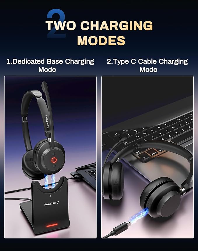 Wireless Headset with Mic for Work-Bluetooth Over Ear Headphones with Microphone,Noise Cancelling with Mute & USB Dongle for Computer/Phones/Remote Work/Call Center,Lightweight All Day Comfort