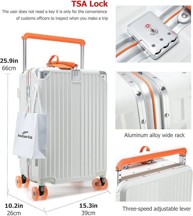 feilario 24" Aluminum Frame Wide Handle Hard Shell Carry On Suitcase - Vivid Colors Double Spinner Wheels Airline Approved Rolling Luggage with TSA Lock & Cup Holder (White, 24in)