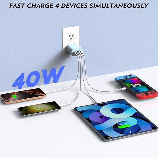 iPhone 16 Charger Block, 40W 4-Port PD USB C Charger Block Power Adapter + QC Wall Charging Plug 2 Pack Fast Charging Cube Apple Multiport Brick for iPhone 16/16e/15/14/13/12 Series/iPad(Pink & Blue)