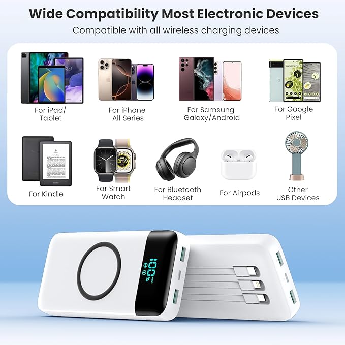Wireless Portable Charger 40800mAh with 3 Built-in Cables,7-in-1 15W Wireless Charging Power Bank,25W PD QC 4.0 Fast Charging USB C LCD Display Battery Pack for iPhone 16/15/13,Samsung,Android-White