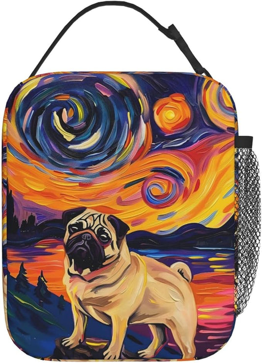 Cute Dog Lunch Box for Women Girls Kids, Insulated Cooler Puppy Lunch Bag for School, Picnic, Office, Work, Travel, Portable Reusable Thermal Tote Polyester Lunch Bags (Pug Starry Night)