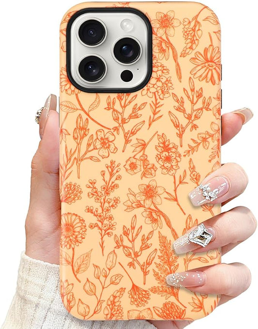 SOKAD Magnetic Sage Floral Phone Case for iPhone 16 Pro, Vintage Orange Flower Pattern Compatible with Magsafe Matte Protective Case Cover with Screen Protector for Girls Women