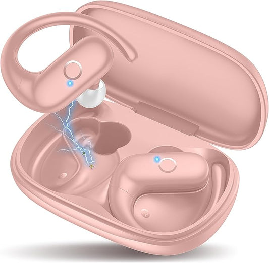MOZOTER Wireless Earbuds Bluetooth Headphones Sport,Over Ear Buds with Deep Bass Sound,60Hrs Playtime Earphones Redesigned Comfort Fit with Earhooks for Running,Meeting,Workout- Pure Pink