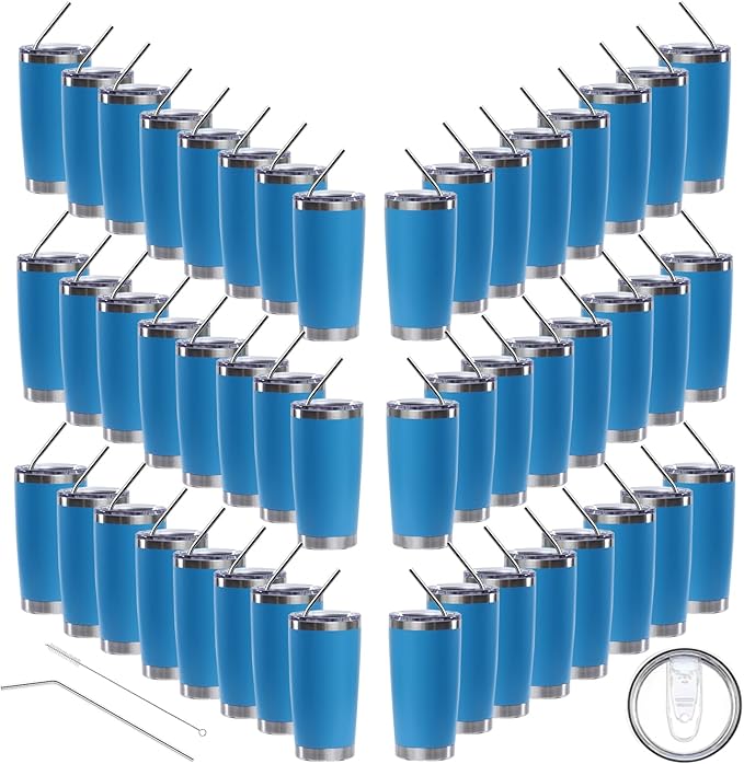 20oz insulted tumblers stainless steel cup Tumbler Bulk with push Lid, and metal straw powder coated coffee cup for cold and hot drinking (48, sky blue)