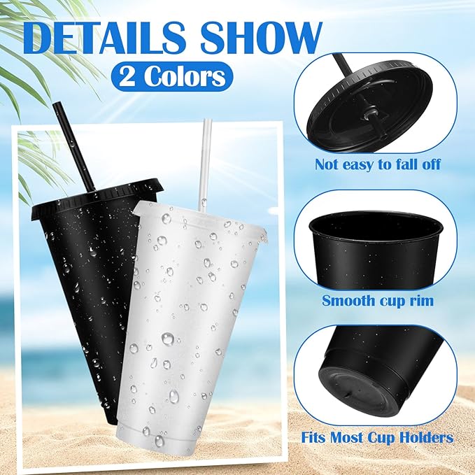 Honeydak 30 Pack Tumbler with Straw and Lid Bulk Glitter Plastic Cups Water Bottle Iced Coffee Travel Mug Reusable Party Favor Cups for Birthdays travel 24-27 oz (Black and Clear)