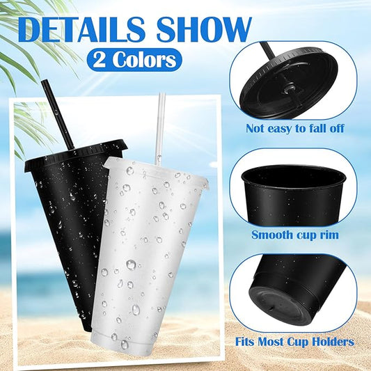 Honeydak 30 Pack Tumbler with Straw and Lid Bulk Glitter Plastic Cups Water Bottle Iced Coffee Travel Mug Reusable Party Favor Cups for Birthdays travel 24-27 oz (Black and Clear)