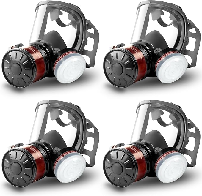 HANUU Gas Masks Survival Nuclear and Chemical, Gas Mask with 40mm Activated Carbon Filter and P-A-1 Filters, Tactical Full Face Respirator Mask for Vapor Chemicals Spray Paint Resin Dust (4 Pack)