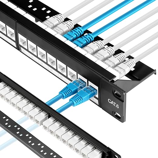 Rapink Patch Panel 24 Port Cat6 with White Inline Keystone 10G Support, Pass-Thru Coupler Patch Panel UTP 19-Inch with Removable Back Bar, 1U Network Panel for Cat6, Cat5e, Cat5 Cabling