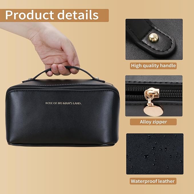 3 Pcs Travel Makeup Bag Portable Large Capacity Cosmetic Bags for Women Open Flat Makeup Case Organizer Bag Set of 3 Waterproof PU Leather Toiletry Bags with Divider and Handle (Black, Medium)