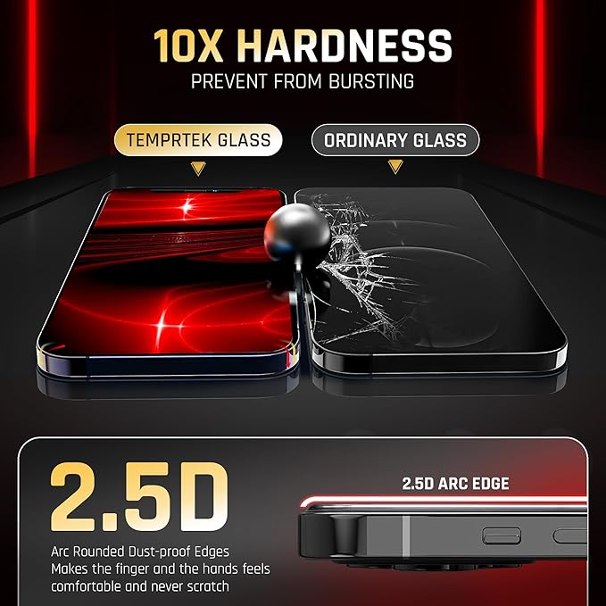 TEMPRTEK+ 2 Pack for iPhone 14 Pro Max Screen Protector Privacy 9H Military Grade Scratch Fingerprint Resistance Anti-Glare Shatterproof Tempered Glass Anti-Spy Easy Installation Bubble Free