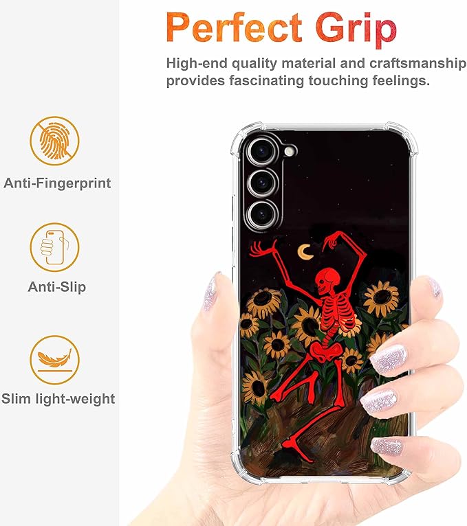 Case for Samsung Galaxy S23+ with Dancing Skull Design,Cute Hippie Skeleton Flowers Pattern,Clear Soft TPU Bumper Phone Cover,6.6"(Skull,S23P)