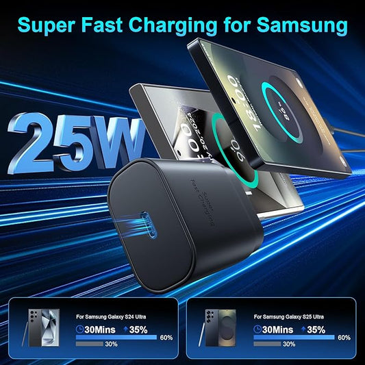 Super Fast Charger Type C, 25W USB C Wall Charger Fast Charging for Samsung Galaxy S25 Ultra/S25/S25+/S24+/S24 Ultra/S24/S24+/S23 Ultra/S22 Ultra/S21 Ultra with 8FT Long Type C Charger Cable 2Pack