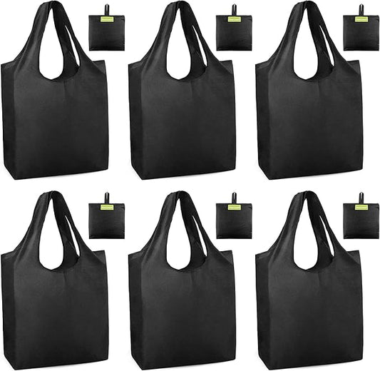 BeeGreen Black Tote Bag Shopping Bags for Groceries & Reusable Grocery Bag Heavy Duty, Large Tote Bag for Women, Foldable 6 Pack Gift Bags With Handles, Cute Cloth Washable for Holiday Travel & Bulk