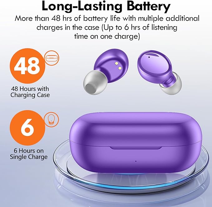 Lanteso True Wireless Bluetooth 5.3 Earbuds, 48H Playtime,Light Weight Headphones in Ear Buds Built in Mic Headset Premium Sound with Deep Bass,Clear Calls Earphones for Sports Workout Purple