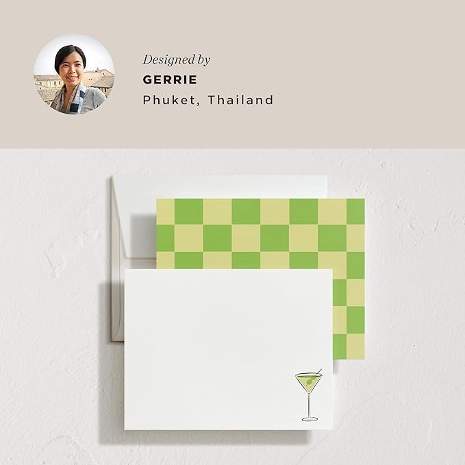 Minted Martini Stationery Set, Set of 10, Flat Note Cards & Envelopes for Invitiations and Handwritten Thank You Messages, Martini Design & Green Checkerboard Back, Gifts for Women, Luxurious Paper