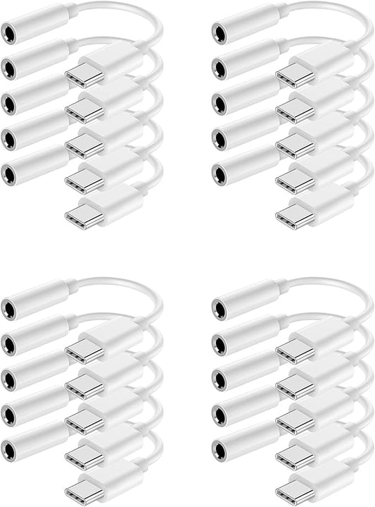 USB-C to 3.5 mm Headphone Jack Adapter,USB C to Aux Audio Dongle Cable Cord Compatible with iPhone 15 16 Series, iPad Pro, Galaxy S23/S22 Ultra Headphone Adapter (White, 20 Pack)
