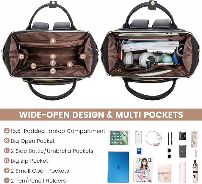 LOVEVOOK Leather Laptop Backpack for Women 15.6 inch,Travel Purse Nurse Teacher Computer Bag,Professional College Business Work Bags Carry On with USB Port,Black