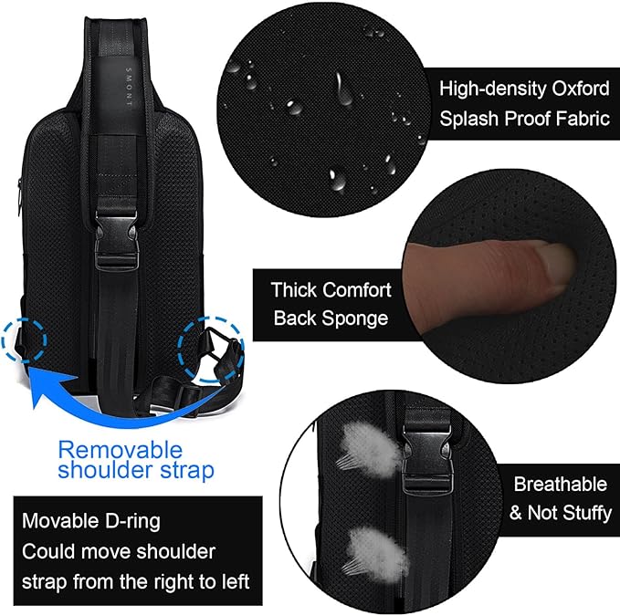 SMONT Sling Bag Crossbody for Men, 14.2 inch Anti Theft Waterproof Chest Shoulder Bag with USB Charging Port