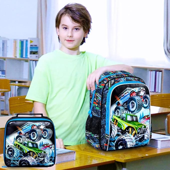 CCJPX 16" Truck Backpack for Boys, 3PCS Cars Kids Water Resistant Preschool Bookbags, Cool Kindergarten School Backpacks and Lunch Box