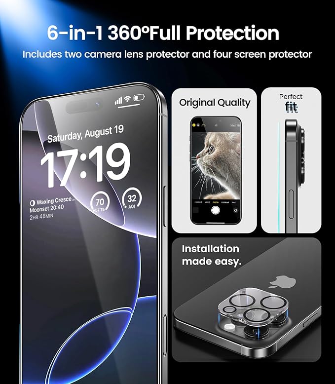 EZ-GLAZ- 4 Pack for iPhone 16 Pro Privacy Screen Protector [6.3"] With 2 Pack Camera Lens Protector, 9H+ Hardness 12FT Military Grade Shatterproof Scratch Resistant Durable Tempered Glass Film with Flawless Fit Kit