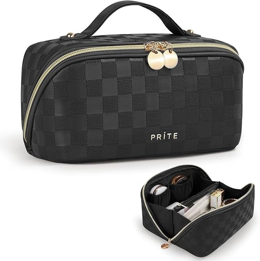 Prite Makeup Bag for Women Travel Waterproof Vegan Leather Cosmetic Bag Open Flat Toiletry Bag With Clear Divider and Handle (Plaid Black)