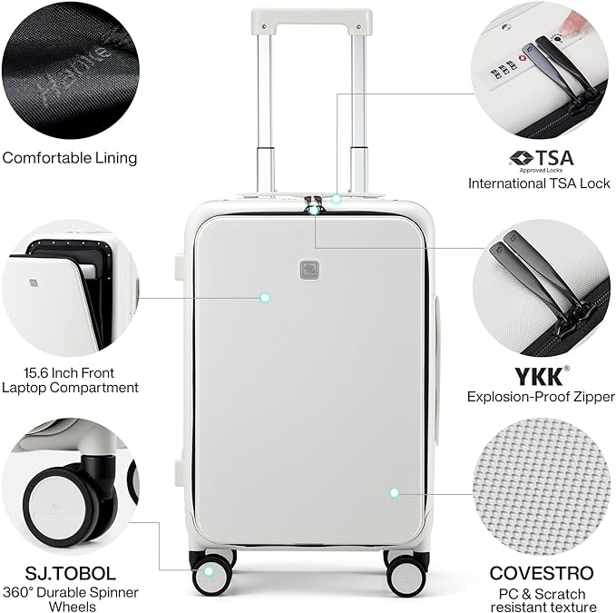 Hanke Grace Hard Shell Suitcases with Wheels,20 Inch Carry On Luggage Airline Approved with Aluminum Frame, Travel suitcase with Front Pocket Travel Luggage for Short Business Trips, Smoke White.