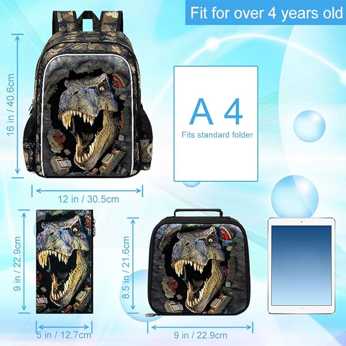 16" Boys Backpack, Dinosaur Kids Bookbag with Lunch Box, 3Pcs Dino School Backpacks for Elementary Preschool Kindergarten (Black)