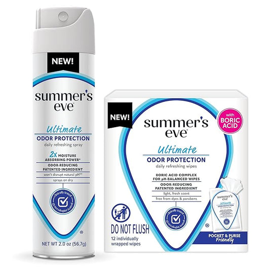 Summer's Eve Ultimate Odor Control Feminine Spray, 2 oz & Wipes with Boric Acid, 12 ct