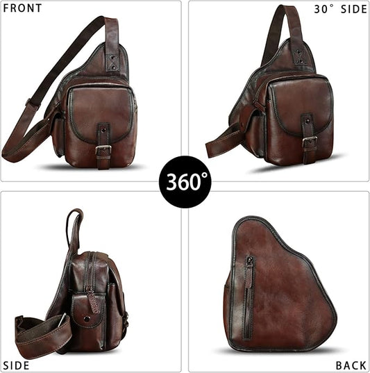 Genuine Leather Sling Bag for Men Women - Chest Crossbody Bag Vintage Sling Backpack Purses Hiking Sports Travel (Coffee)
