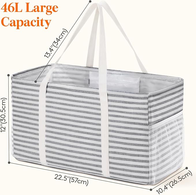 Lifewit Extra Large Tote Bag, Reusable Grocery Bags with Metal Wire Frame and Handles, Standing Utility Foldable Shopping Bags for Storage, Picnics, Beach, Pool, Laundry, Car, Camping, 1 Pack, Grey