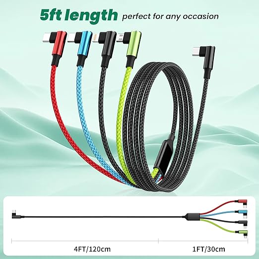Travel Essentials USB C Multi Charging Cable 2Pack 5FT, Right Angle 4 in 1 Charging Cable, USB Cable Phone Charger with IP/Type C/Type C/Micro Port, Compatible with Most Cell Phones/Tablets and More