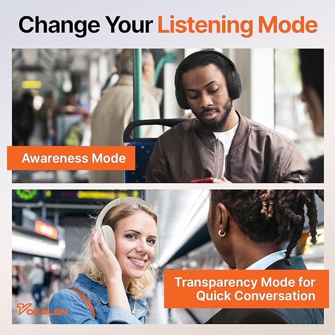 VOKALEN Hyper Pro Adaptive Active Noise-Cancelling Wireless Headphones, Bluetooth Over-Ear with Mic, 60H Playtime, Hi-Res Audio, Deep Bass, Custom EQ (Ivory White)