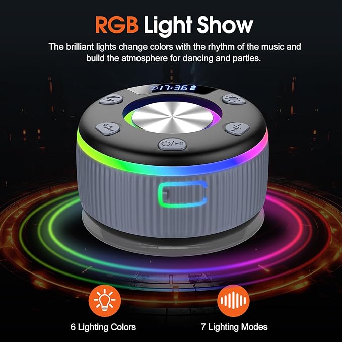 Bluetooth Shower Speaker, Portable Bluetooth 5.3 Speakers Wireless with Time Display, IP7 Waterproof Speakers with RGB Light, Suction Cup, Mini Stereo Speaker for Bathroom Party Beach Gifts, Grey