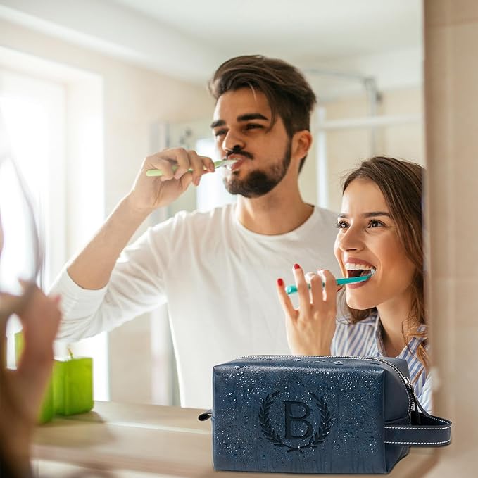 Personalized Gifts Travel Toiletry Bag for Men Engraved Initial PU Leather Waterproof Shaving Bag for Toiletries Accessories Fathers Day Birthday Gift for Men Dad Husband Son, Dark Blue W