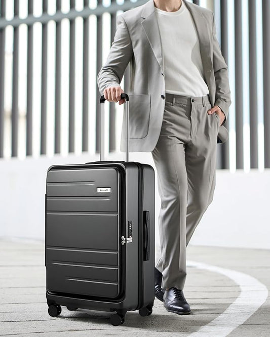 LUGGEX 28 Inch Luggage with Spinner Wheels, Expandable PC Hard Shell Checked Suitcase with Front Opening, Lightweight (Charcoal Metallic, 28 Inch)