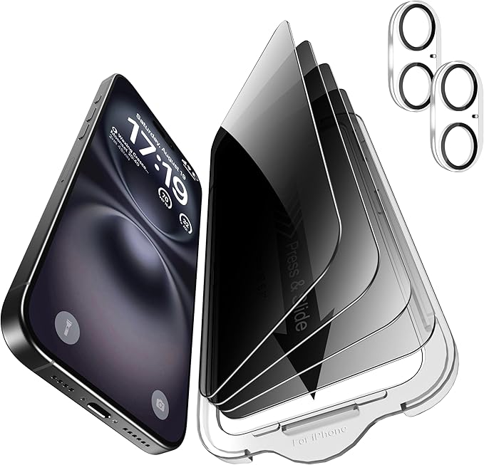 EZ-GLAZ- 4 Pack for iPhone 16 Privacy Screen Protector [6.1"] With 2 Pack Camera Lens Protector, 9H+ Hardness 12FT Military Grade Shatterproof Scratch Resistant Durable Tempered Glass Film with Flawless Fit Kit