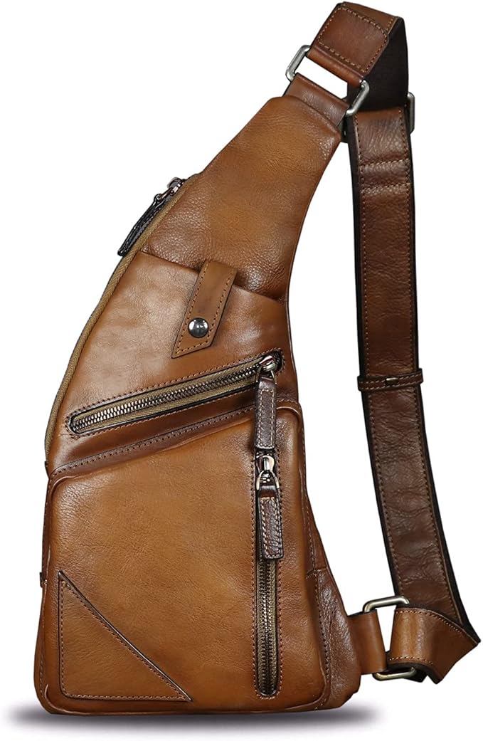Genuine Leather Sling Bag for Men Vintage Handmade Crossbody Daypack Hiking Backpack Retro Crossbody Shoulder Bags (Brown)
