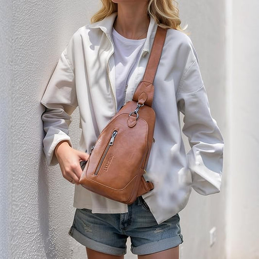 Small Sling Bag for Women - in Vegan Leather Versatile Fanny Pack, Crossbody Bags for Women with Adjustable Guitar Belt Suitable, Brown