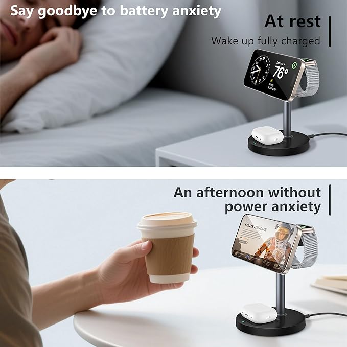 3 in 1 Wireless Charging Station for Multiple Devices, 15W Fast Magnetic Wireless Charger Stand with Adjustable Angle, Compatible with iPhone12-16 Series, Apple Watch, AirPods - Gifts for Men &Women