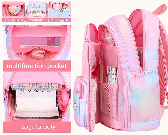 Girl Backpack for School Kids, Pink Cute Bookbag with Lunch Box Rainbow Elementary School Bag Pencil Case (Pink,3Pcs Set)