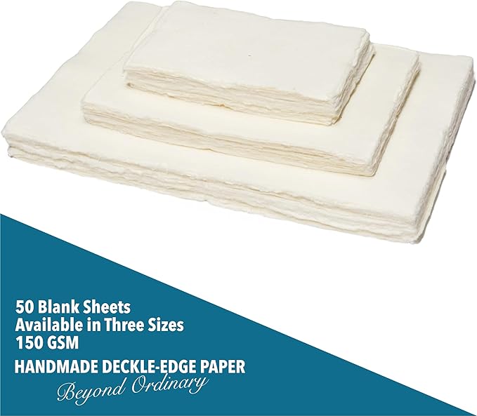 Wanderings Handmade A4 Cream Mixed Media Paper with Deckle Edge - 8.25x11.7-150 GSM - 50 Sheets Colored Cold Press Textured Paper Made with Recycled Cotton for Invitations Crafts Writers Watercolor