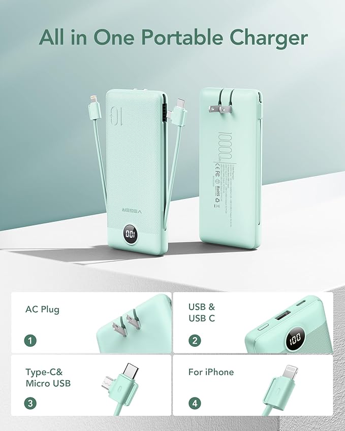 VEGER Portable Charger for iPhone with Built in Cables and Wall Plug, 10000mah Slim Fast Charging USB C Power Bank, Travel Essential Battery Pack Compatible with iPhone, iPad, Samsung etc(Green)