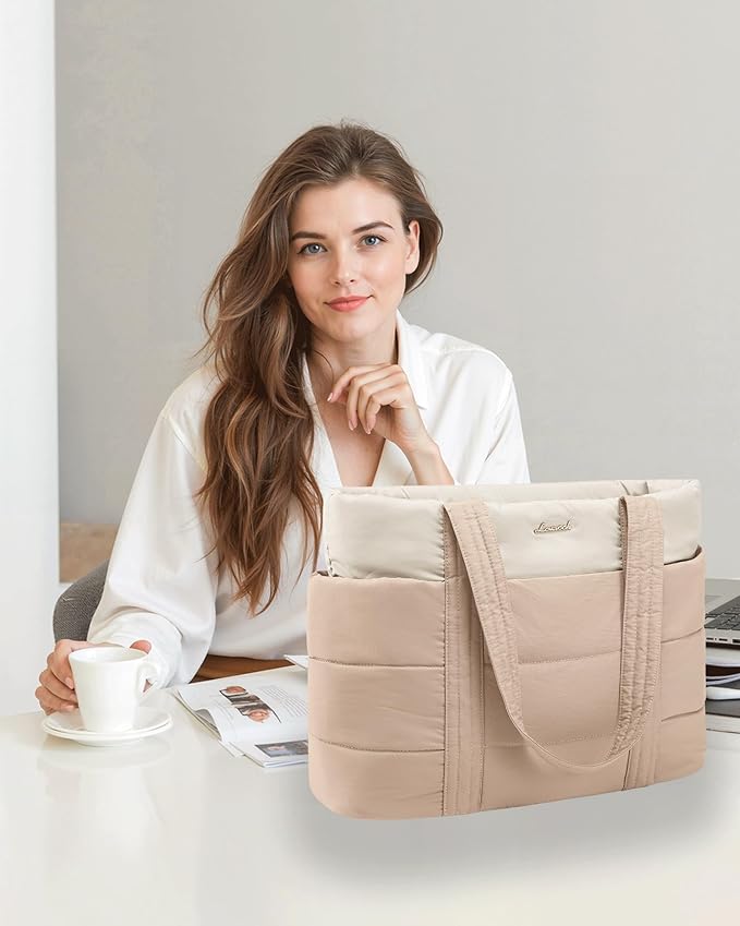 LOVEVOOK Tote Bag for Women, Large Puffer Work Tote Laptop Bag, Lightweight Travel Tote Bag with Zipper Gifts for Women
