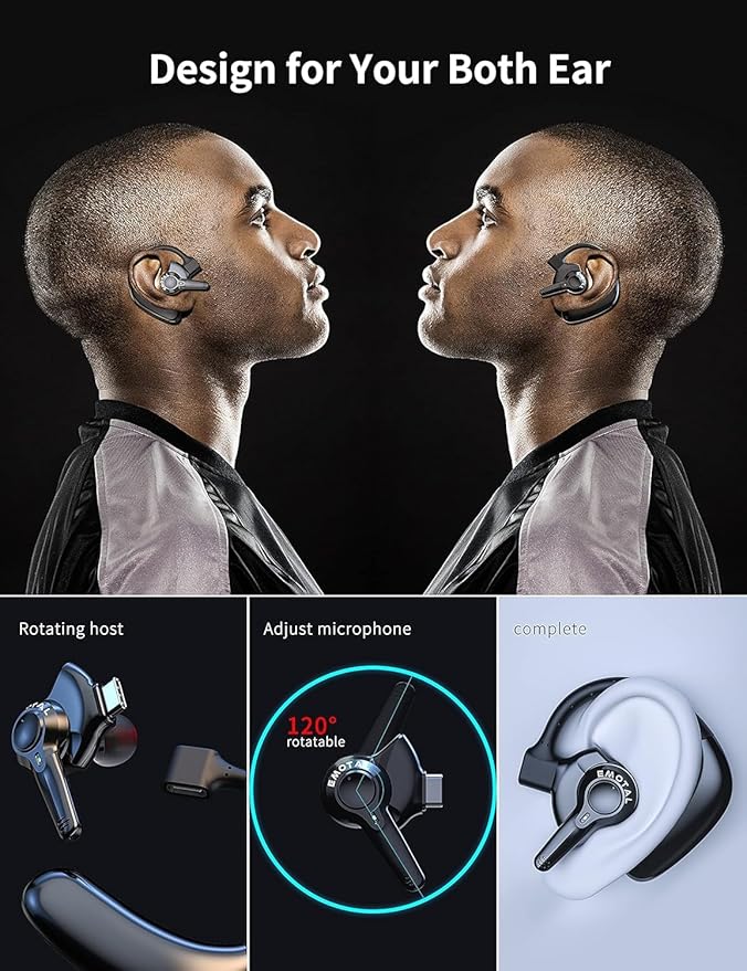 Dual-Mic AI Noise Cancelling Bluetooth Headset for Cell Phones, 10 Days Standby 30Hrs HD Talktime Bluetooth Earpiece IPX6 Waterproof Ultralight for Driving/Truckers/Business, Black