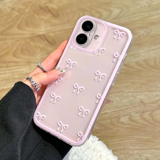 EYZUTAK Case for iPhone 16, Clear Cute Ribbon Bowknot Pattern Aesthetic Transparent Phone Case Raised Camera Protection Stylish Slim Soft Durable TPU Protective Cover for Women Girls - Pink