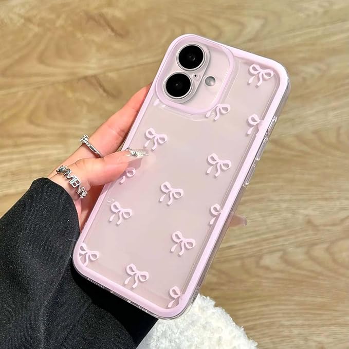 EYZUTAK Case for iPhone 16 Plus, Clear Cute Ribbon Bowknot Pattern Aesthetic Transparent Phone Case Raised Camera Protection Stylish Slim Soft Durable TPU Protective Cover for Women Girls - Pink