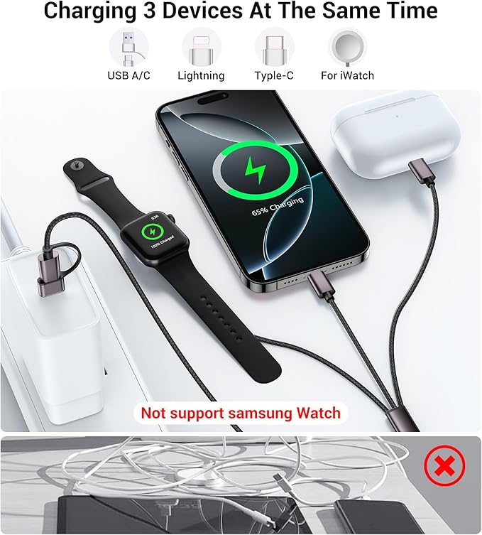 Temdan for Travel Vacation Essentials,3 in 2 USB C Cable for Apple Watch Charger/iPhone 17 Charger/Lightning,Multi Charging Cable Cord,Camping Essentials,Designed for iWatch &iPhone 16-12-4FT Black